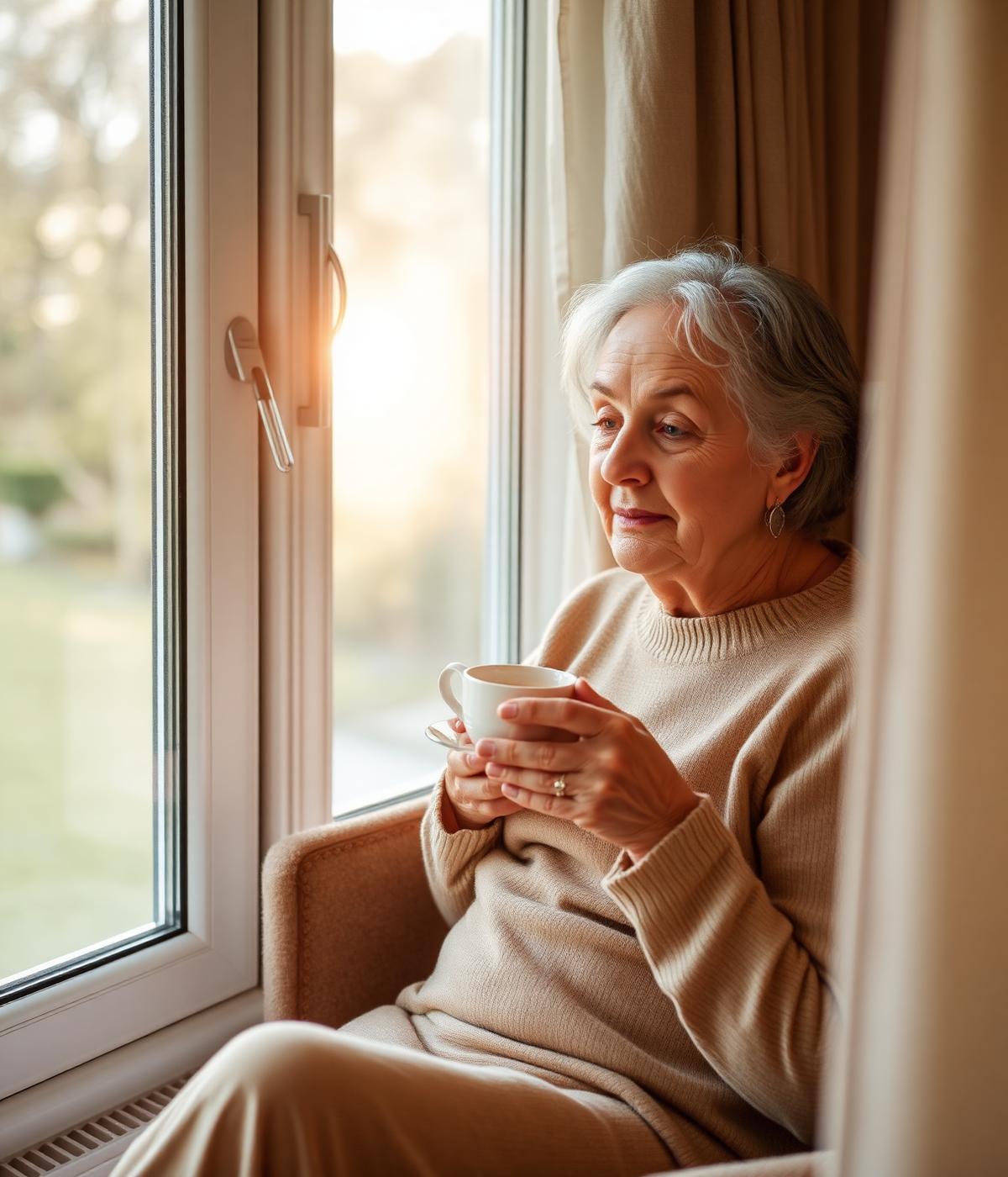 Older woman enjoying tea by the window at home